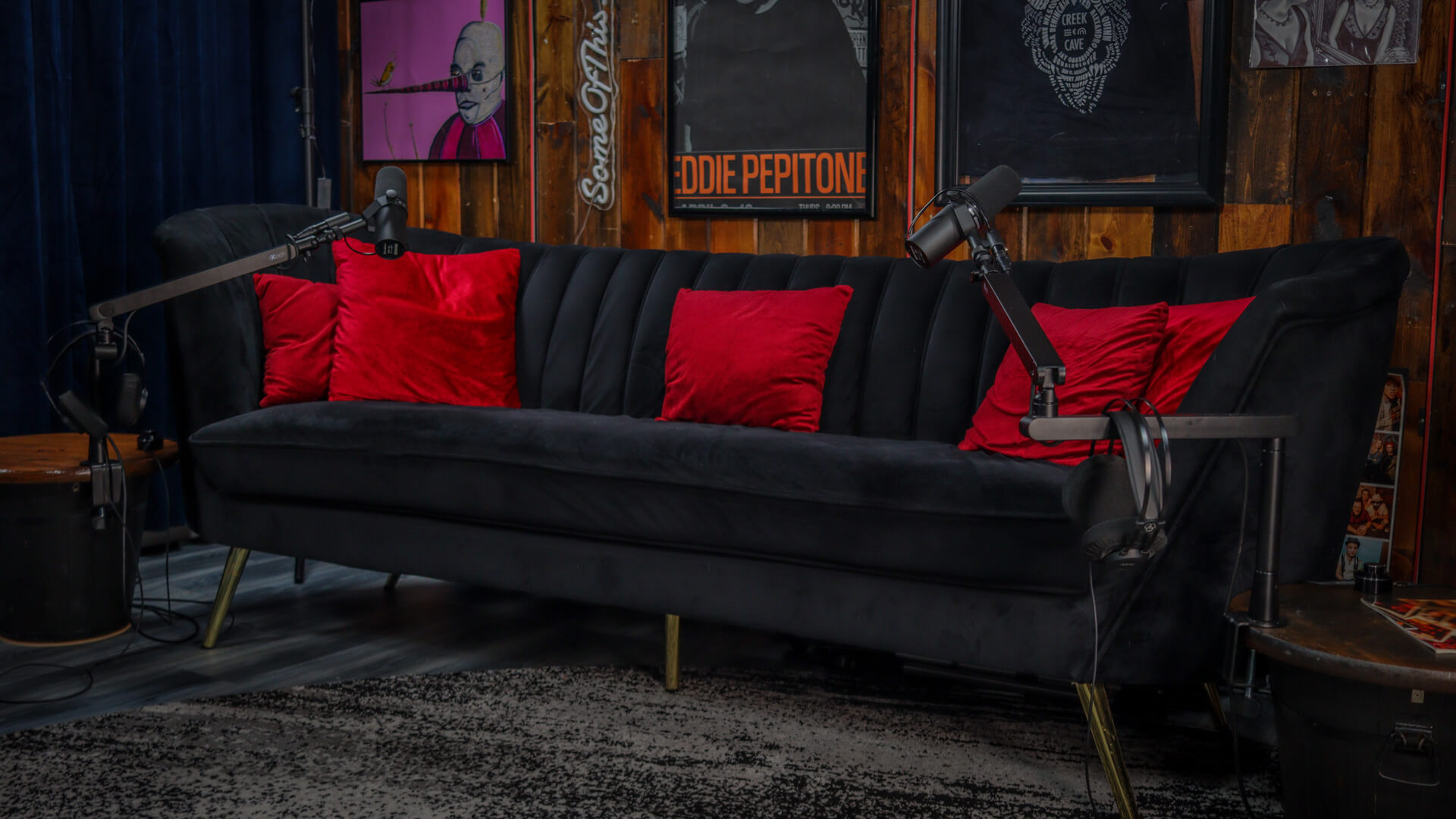 Podcast studio couch with professional microphones